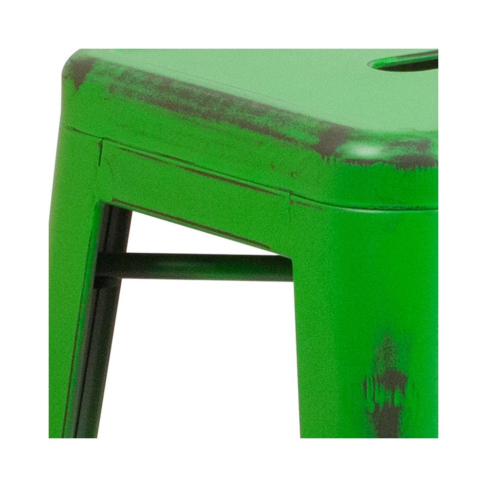 Commercial Grade 24" High Backless Distressed Green Metal Indoor-Outdoor Counter Height Stool