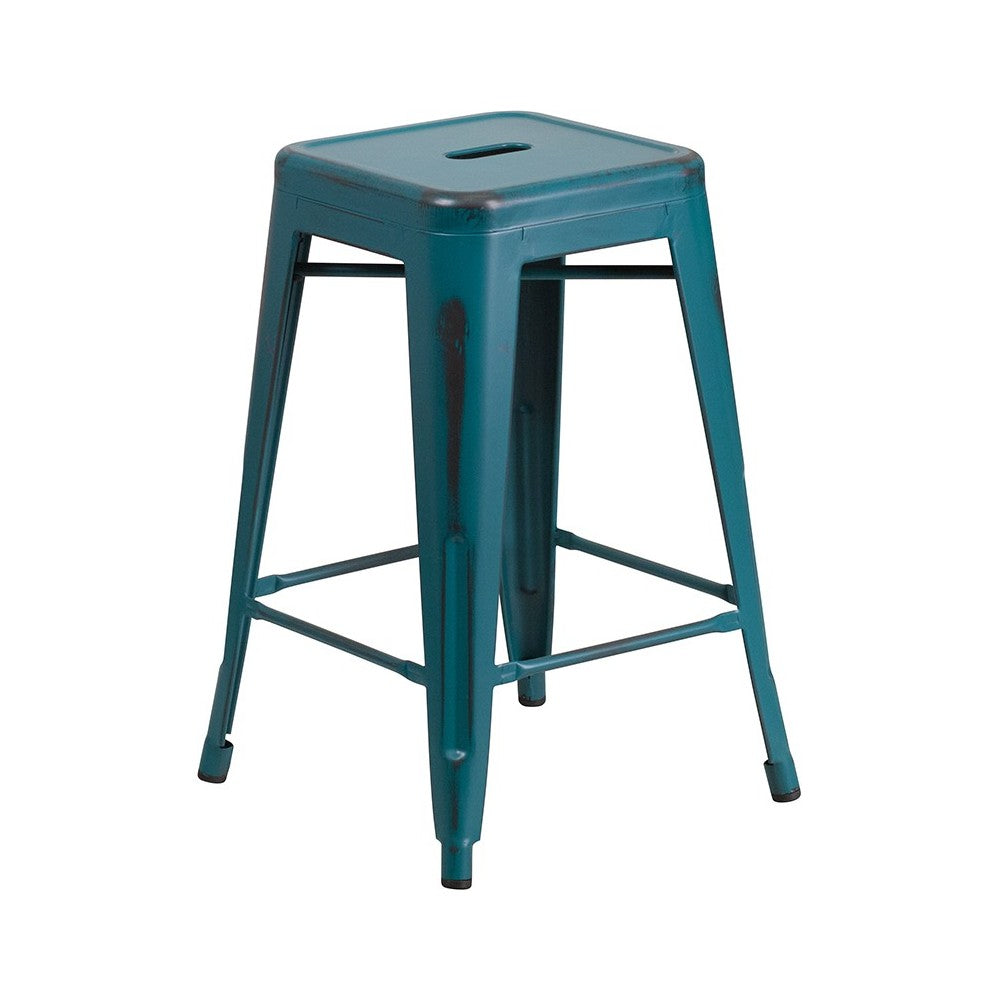 Commercial Grade 24" High Backless Distressed Kelly Blue-Teal Metal Indoor-Outdoor Counter Height Stool