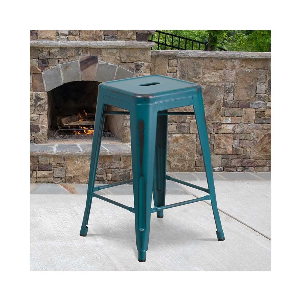 Commercial Grade 24" High Backless Distressed Kelly Blue-Teal Metal Indoor-Outdoor Counter Height Stool
