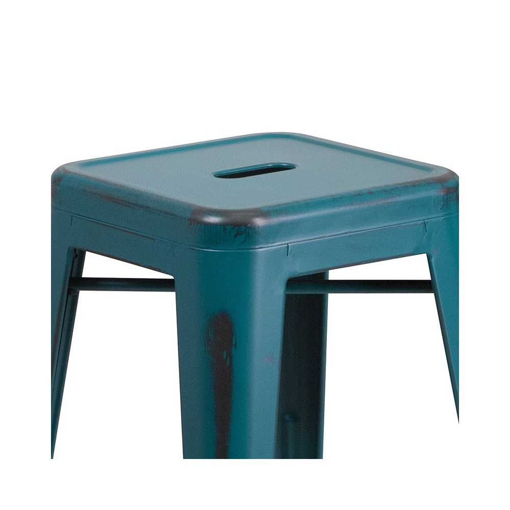 Commercial Grade 24" High Backless Distressed Kelly Blue-Teal Metal Indoor-Outdoor Counter Height Stool