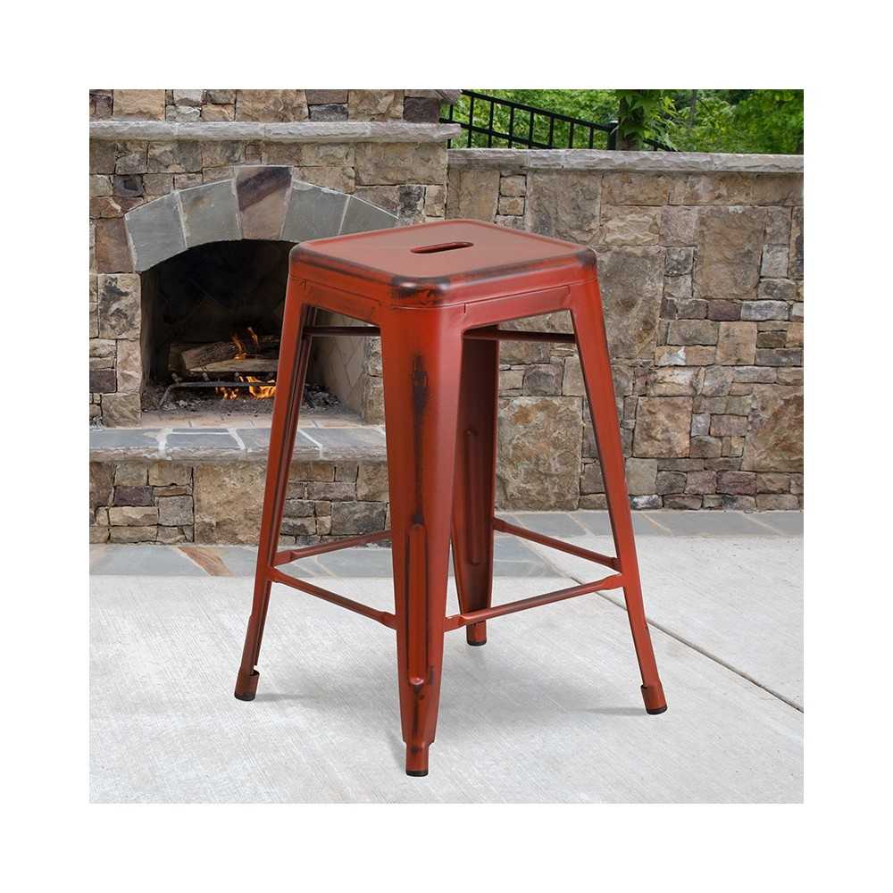 Commercial Grade 24" High Backless Distressed Kelly Red Metal Indoor-Outdoor Counter Height Stool