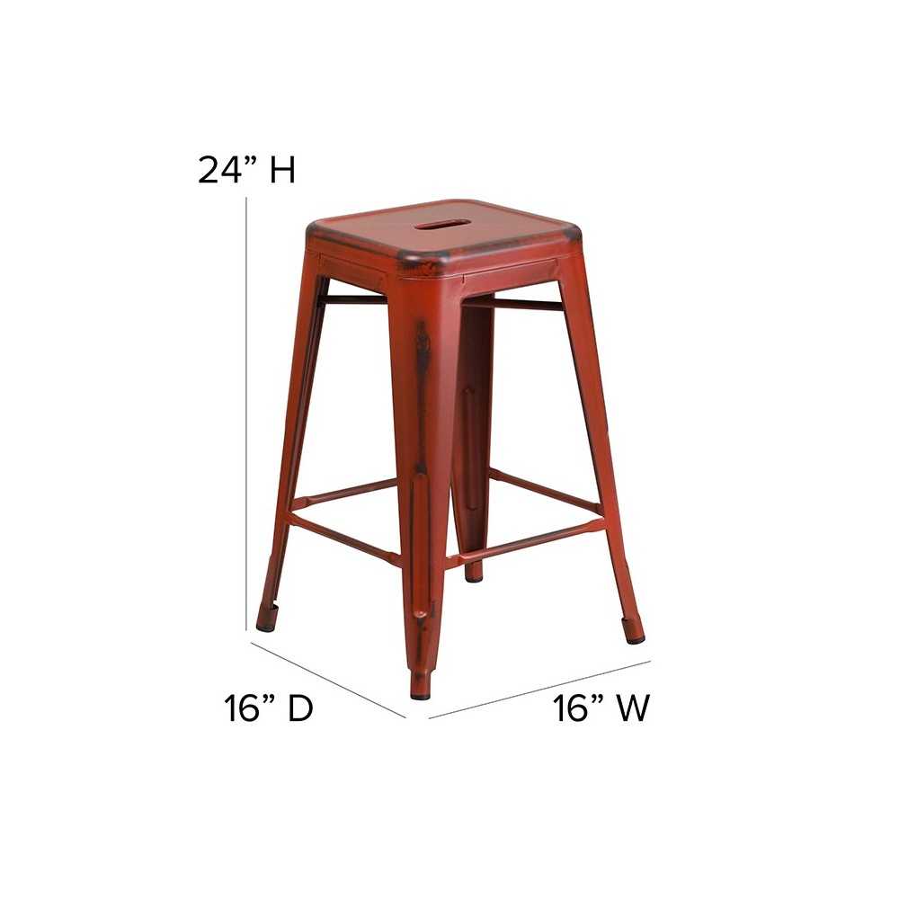 Commercial Grade 24" High Backless Distressed Kelly Red Metal Indoor-Outdoor Counter Height Stool
