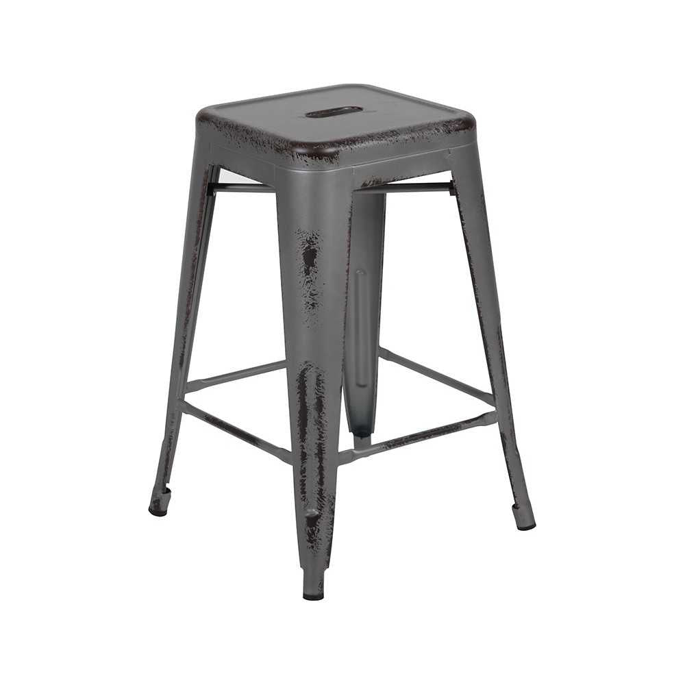 Commercial Grade 24" High Backless Distressed Silver Gray Metal Indoor-Outdoor Counter Height Stool