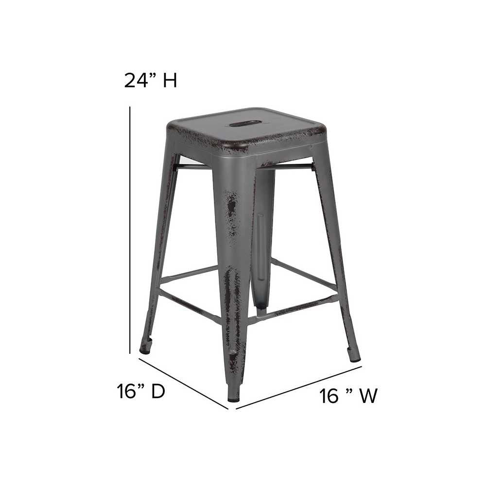 Commercial Grade 24" High Backless Distressed Silver Gray Metal Indoor-Outdoor Counter Height Stool