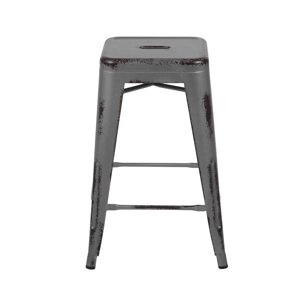 Commercial Grade 24" High Backless Distressed Silver Gray Metal Indoor-Outdoor Counter Height Stool