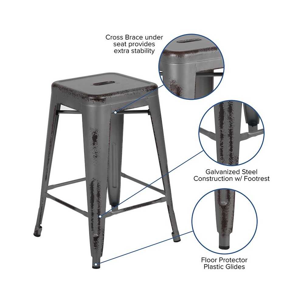 Commercial Grade 24" High Backless Distressed Silver Gray Metal Indoor-Outdoor Counter Height Stool