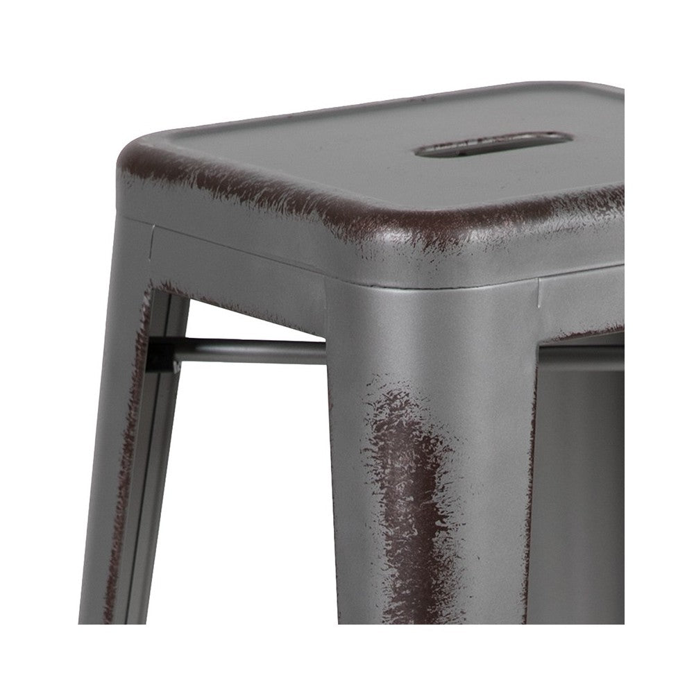 Commercial Grade 24" High Backless Distressed Silver Gray Metal Indoor-Outdoor Counter Height Stool