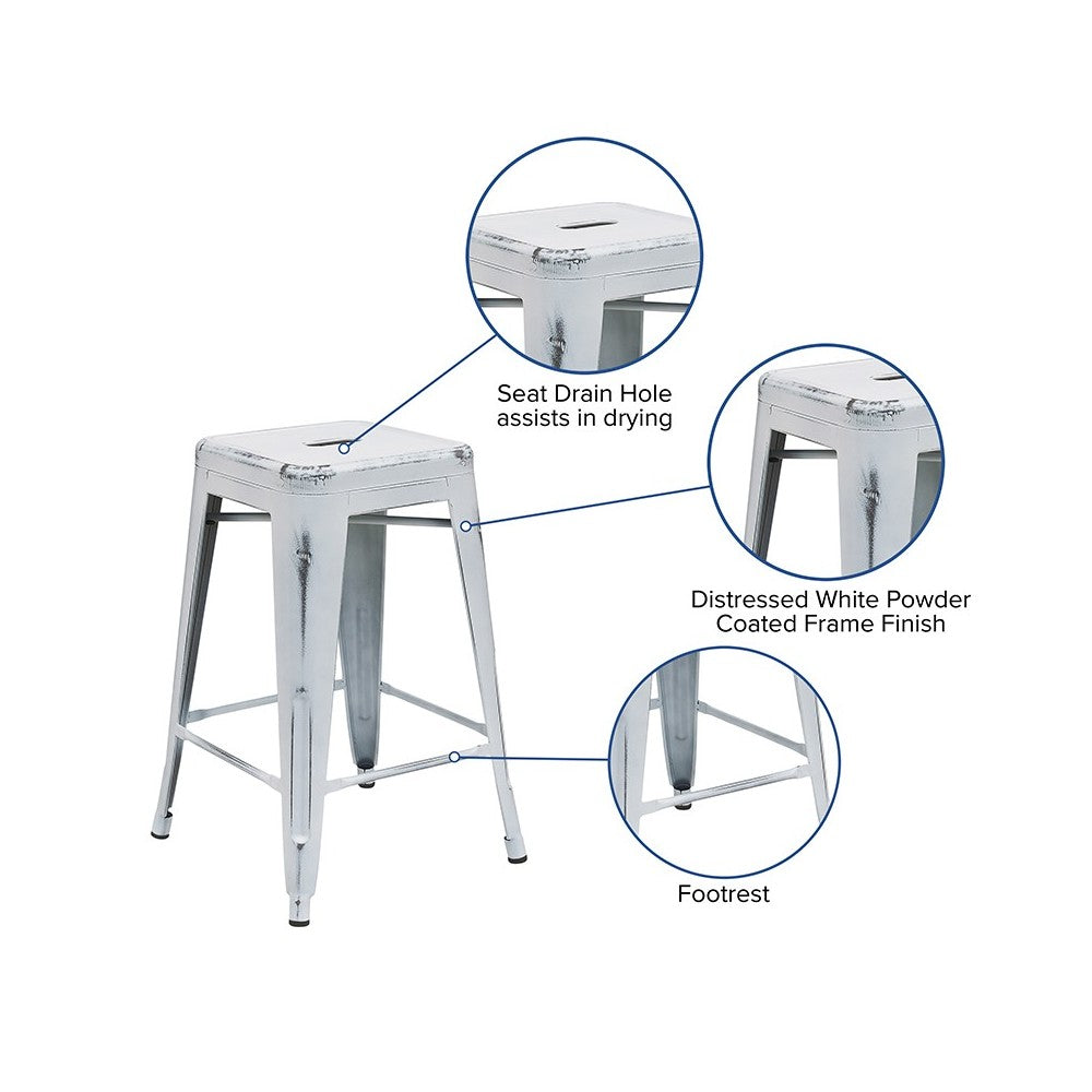 Commercial Grade 24" High Backless Distressed White Metal Indoor-Outdoor Counter Height Stool