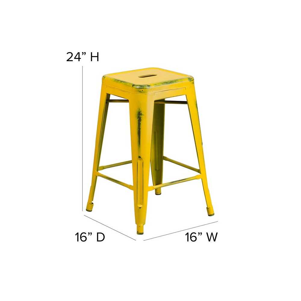 Commercial Grade 24" High Backless Distressed Yellow Metal Indoor-Outdoor Counter Height Stool