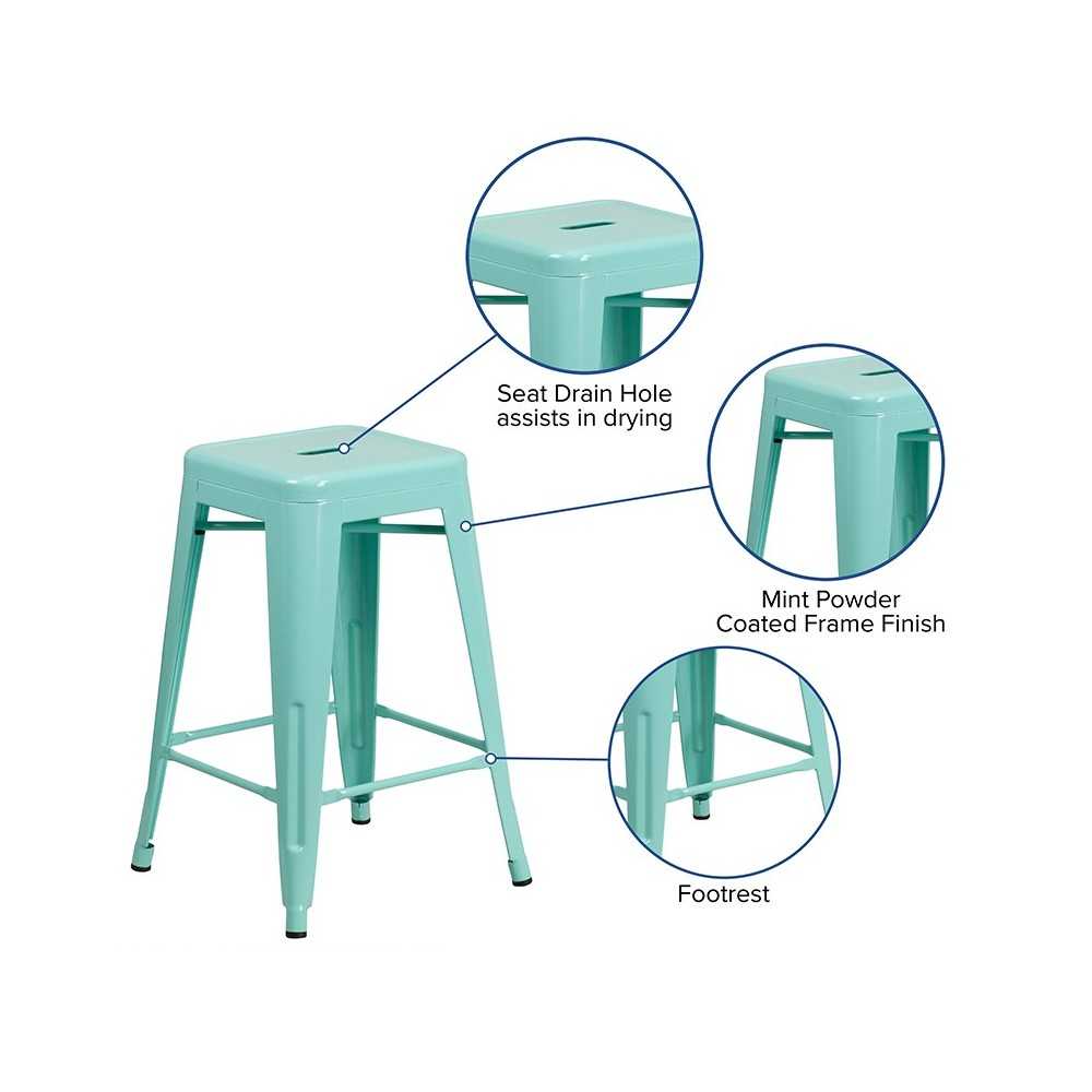 Commercial Grade 24" High Backless Mint Green Indoor-Outdoor Counter Height Stool