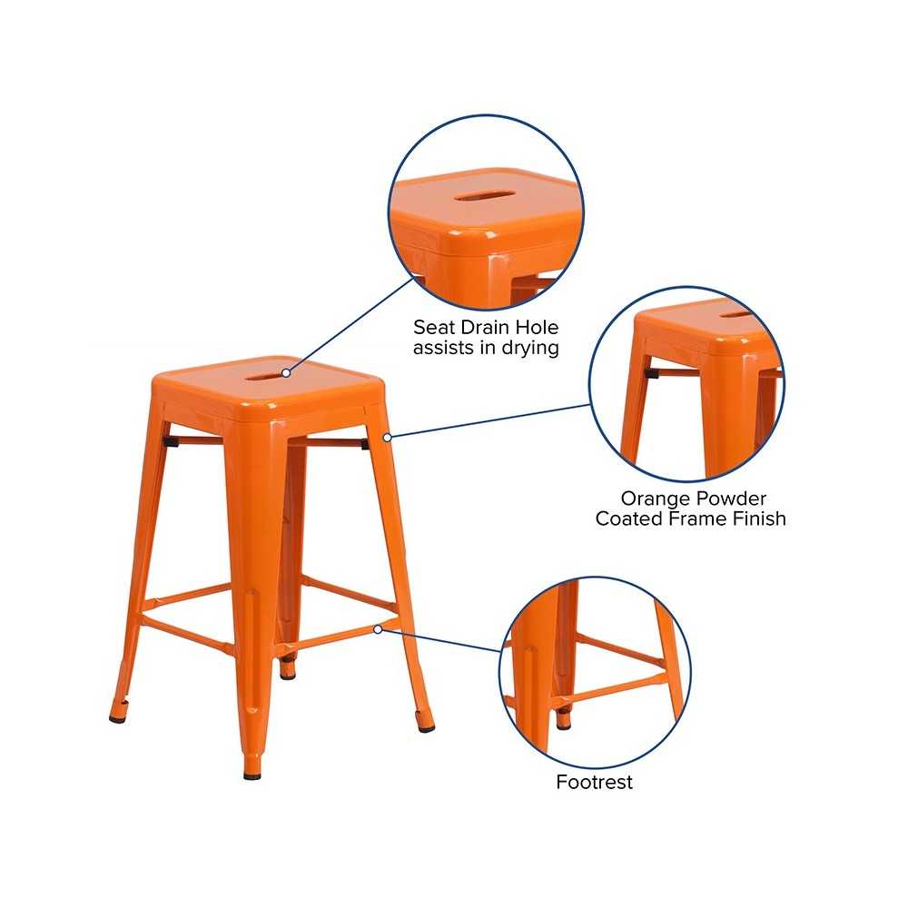 Commercial Grade 24" High Backless Orange Metal Indoor-Outdoor Counter Height Stool with Square Seat