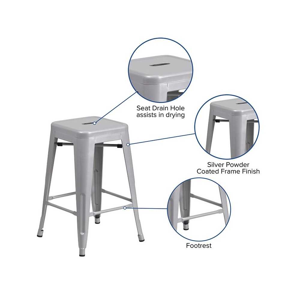 Commercial Grade 24" High Backless Silver Metal Indoor-Outdoor Counter Height Stool with Square Seat