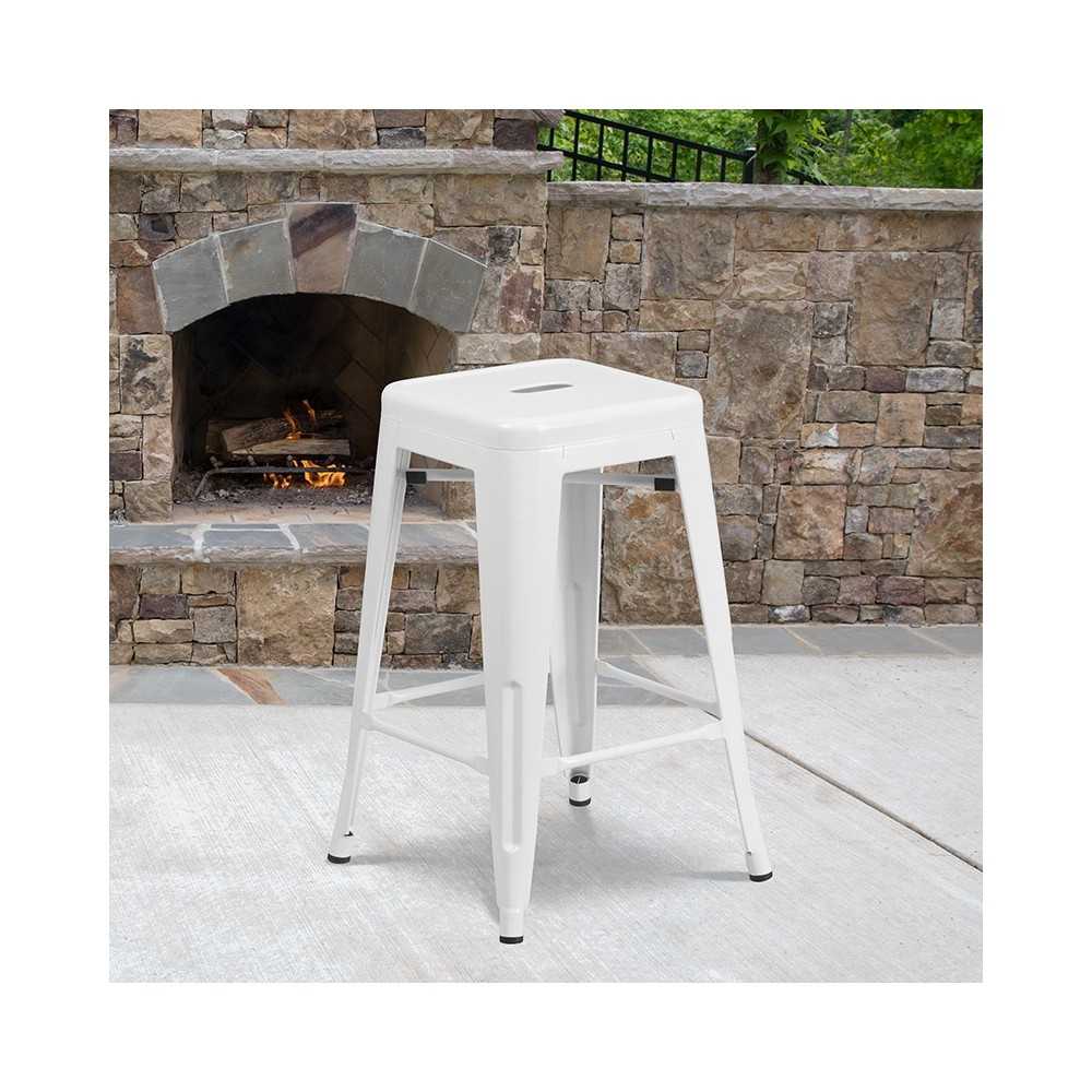 Commercial Grade 24" High Backless White Metal Indoor-Outdoor Counter Height Stool with Square Seat