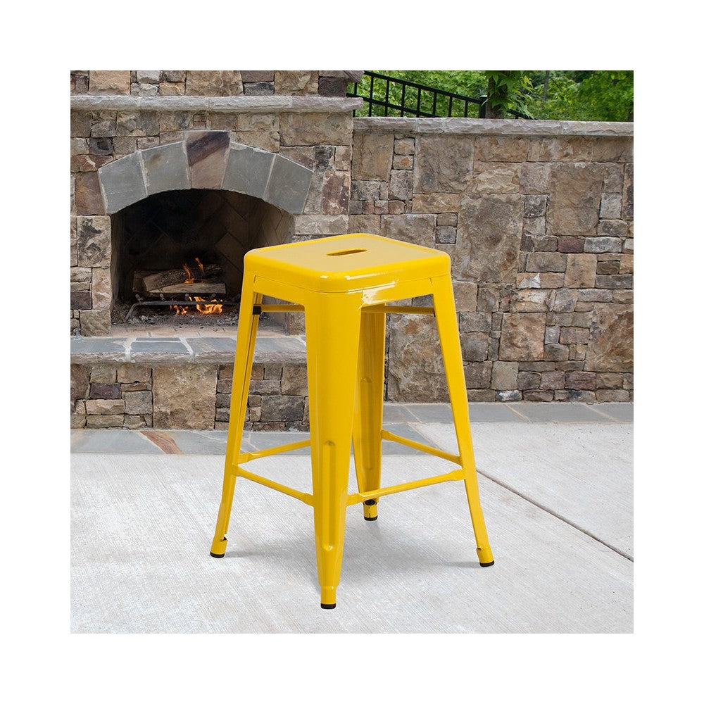 Commercial Grade 24" High Backless Yellow Metal Indoor-Outdoor Counter Height Stool with Square Seat