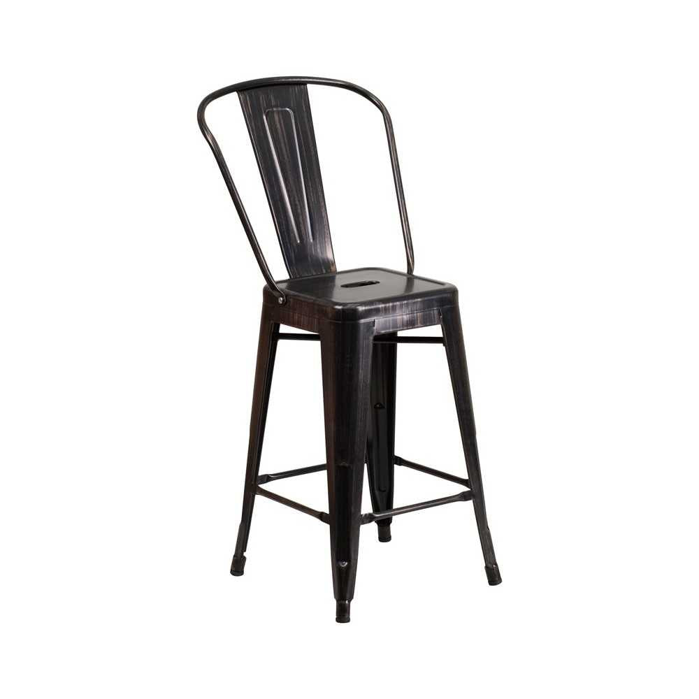 Commercial Grade 24" High Black-Antique Gold Metal Indoor-Outdoor Counter Height Stool with Removable Back