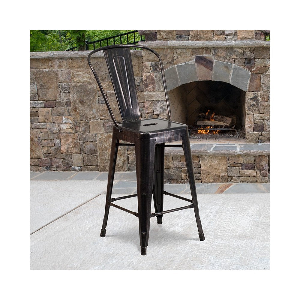 Commercial Grade 24" High Black-Antique Gold Metal Indoor-Outdoor Counter Height Stool with Removable Back