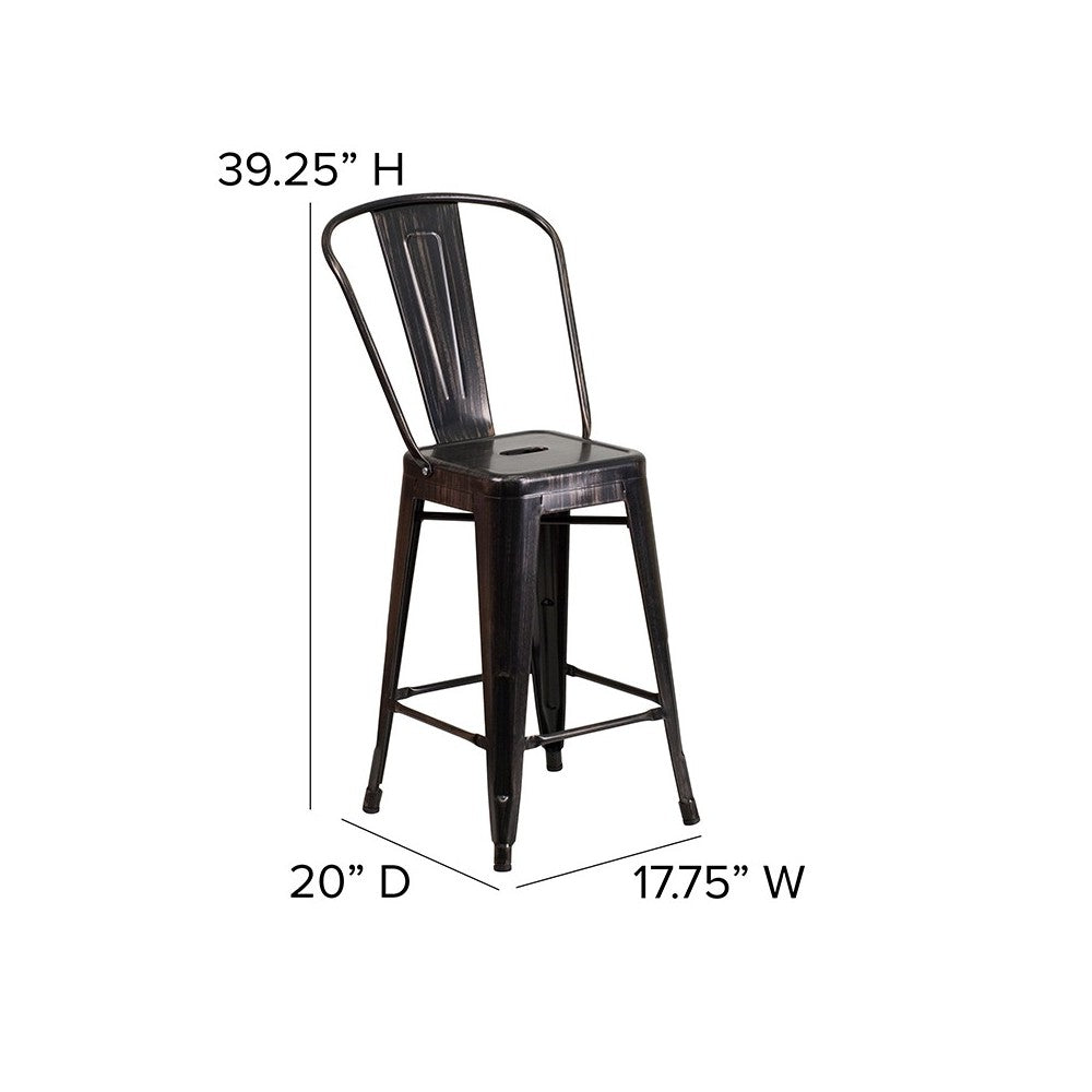 Commercial Grade 24" High Black-Antique Gold Metal Indoor-Outdoor Counter Height Stool with Removable Back