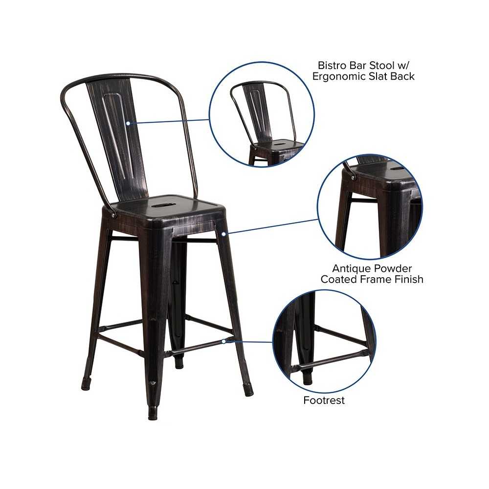 Commercial Grade 24" High Black-Antique Gold Metal Indoor-Outdoor Counter Height Stool with Removable Back