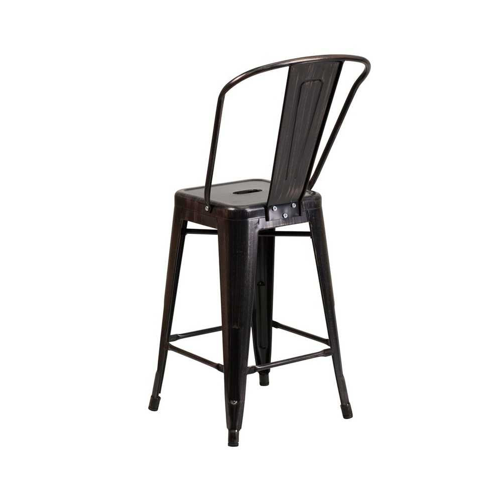 Commercial Grade 24" High Black-Antique Gold Metal Indoor-Outdoor Counter Height Stool with Removable Back