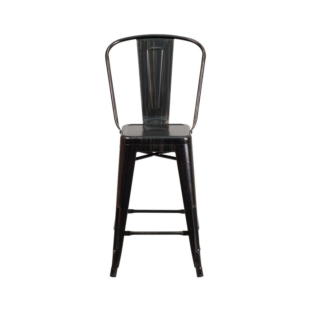 Commercial Grade 24" High Black-Antique Gold Metal Indoor-Outdoor Counter Height Stool with Removable Back