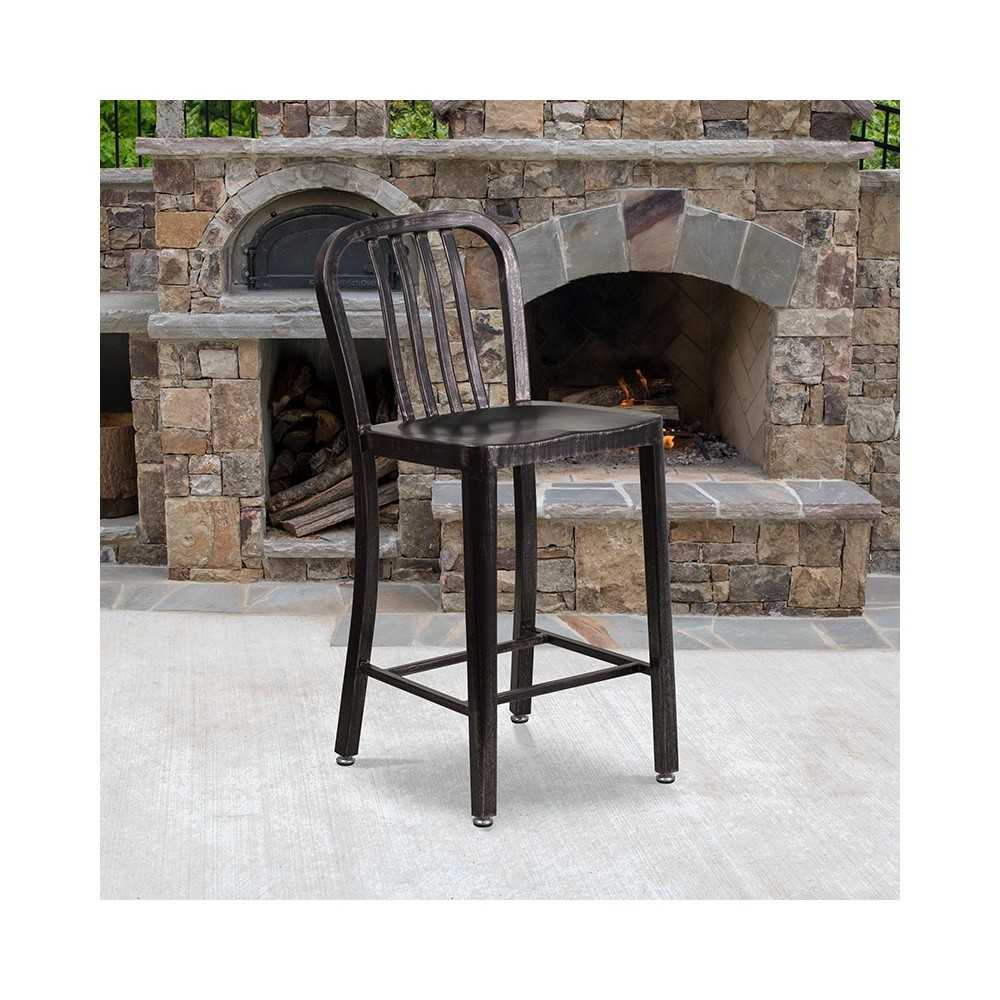 Commercial Grade 24" High Black-Antique Gold Metal Indoor-Outdoor Counter Height Stool with Vertical Slat Back