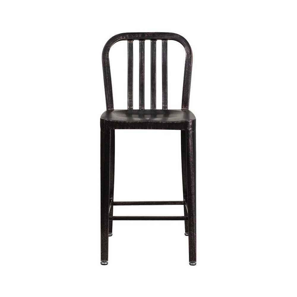 Commercial Grade 24" High Black-Antique Gold Metal Indoor-Outdoor Counter Height Stool with Vertical Slat Back