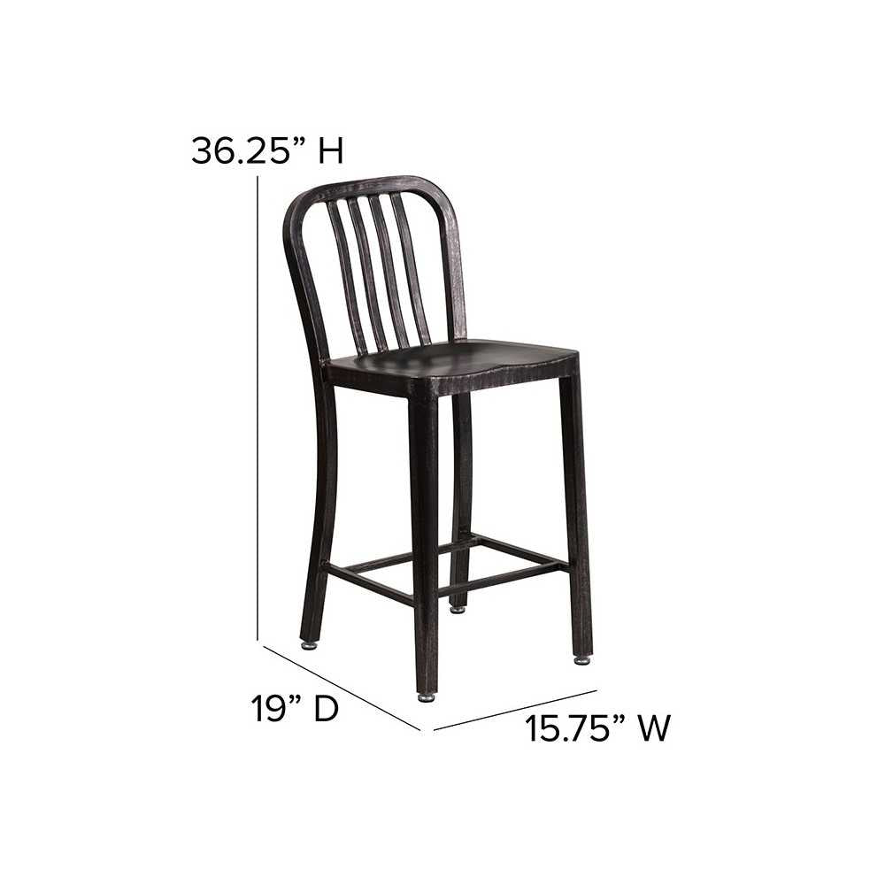 Commercial Grade 24" High Black-Antique Gold Metal Indoor-Outdoor Counter Height Stool with Vertical Slat Back