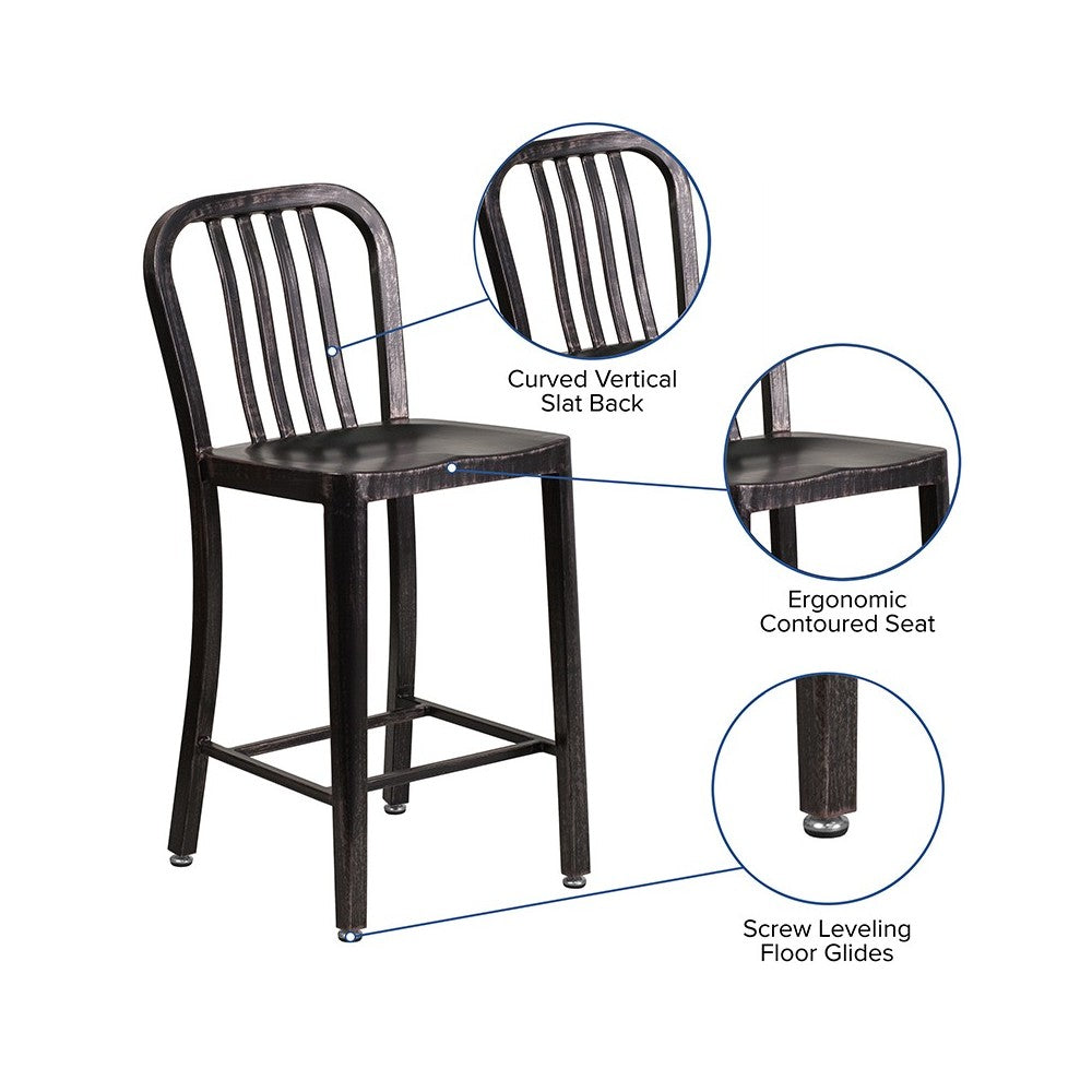 Commercial Grade 24" High Black-Antique Gold Metal Indoor-Outdoor Counter Height Stool with Vertical Slat Back