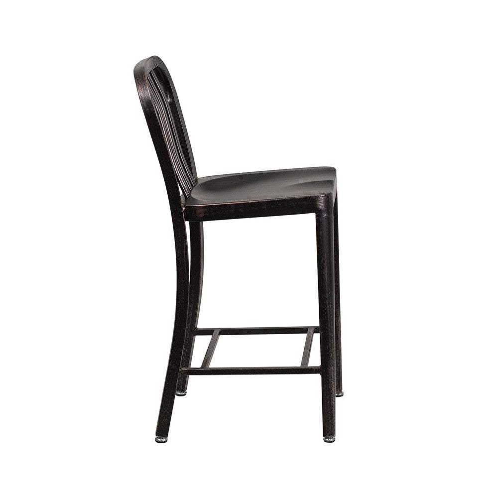 Commercial Grade 24" High Black-Antique Gold Metal Indoor-Outdoor Counter Height Stool with Vertical Slat Back