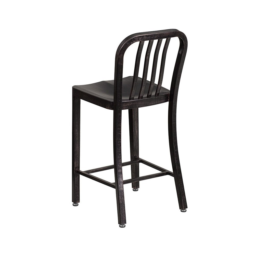 Commercial Grade 24" High Black-Antique Gold Metal Indoor-Outdoor Counter Height Stool with Vertical Slat Back