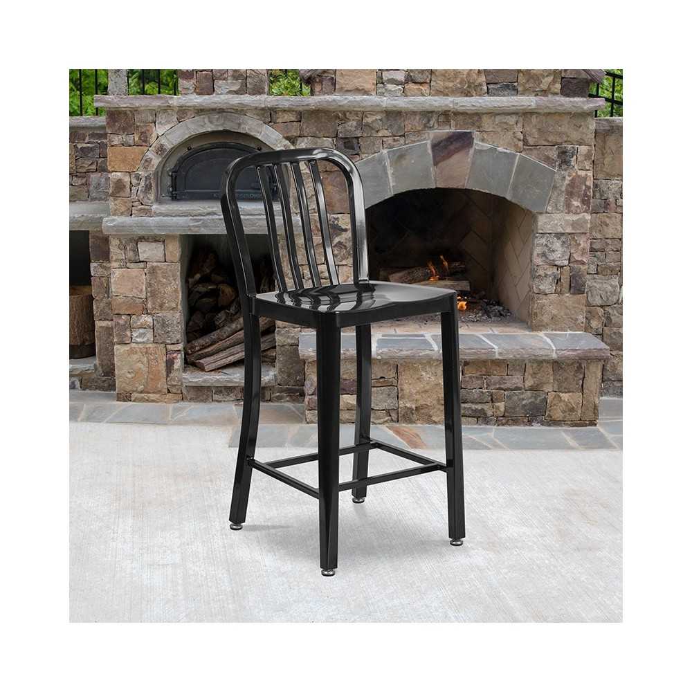 Commercial Grade 24" High Black Metal Indoor-Outdoor Counter Height Stool with Vertical Slat Back