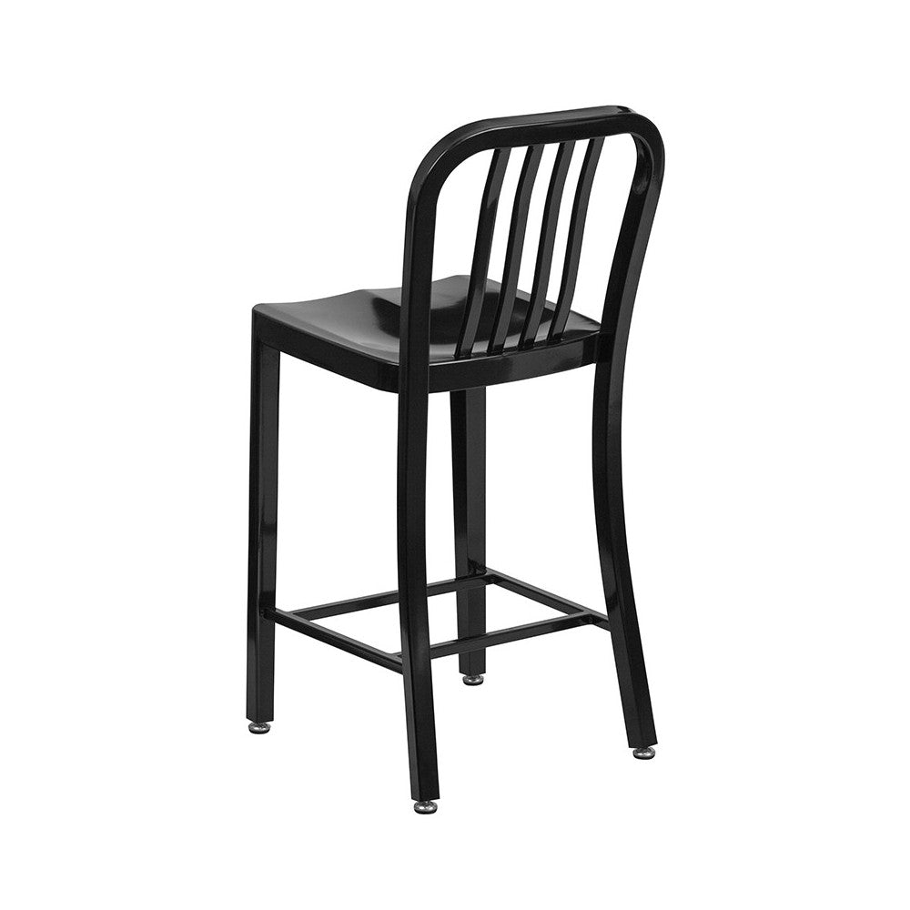 Commercial Grade 24" High Black Metal Indoor-Outdoor Counter Height Stool with Vertical Slat Back