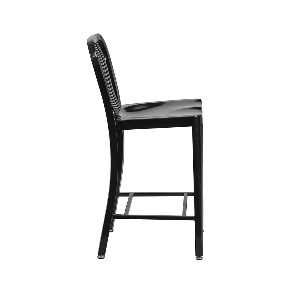 Commercial Grade 24" High Black Metal Indoor-Outdoor Counter Height Stool with Vertical Slat Back