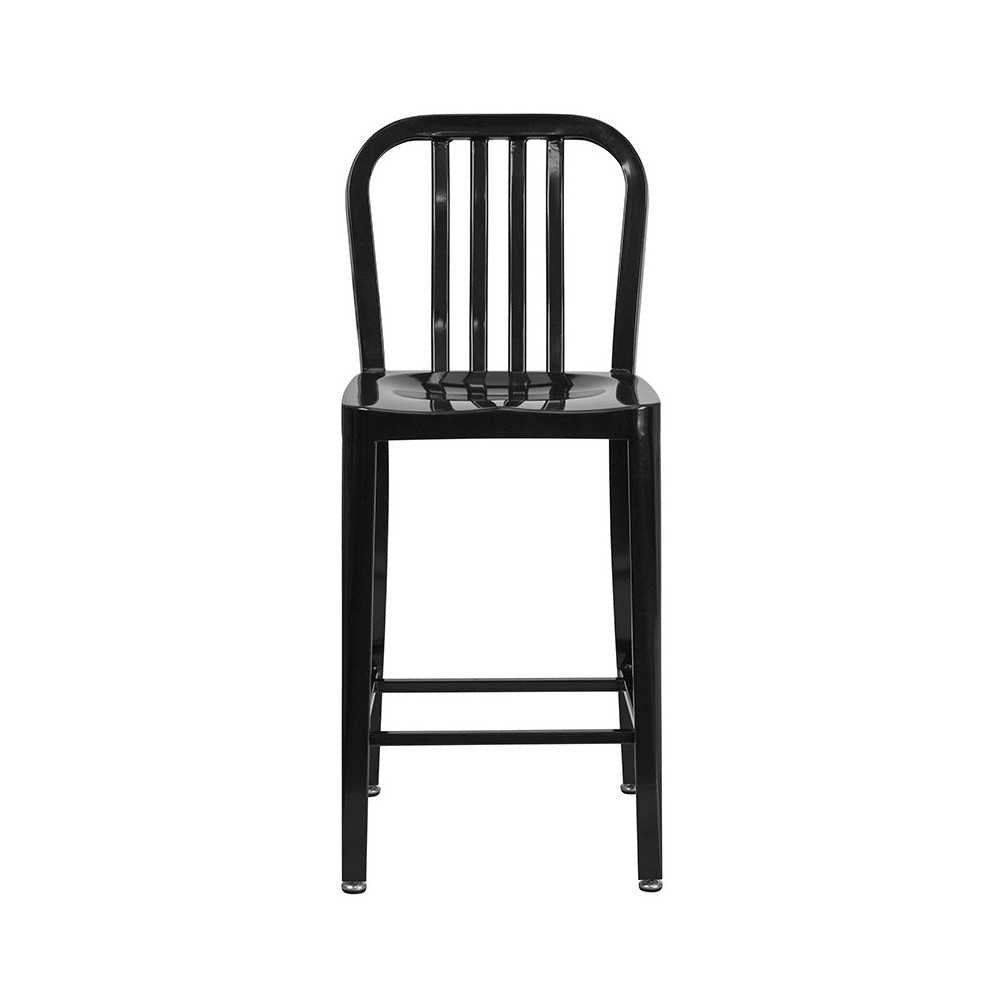 Commercial Grade 24" High Black Metal Indoor-Outdoor Counter Height Stool with Vertical Slat Back