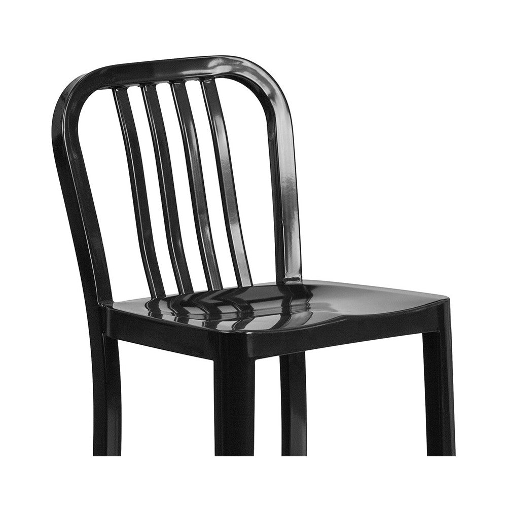 Commercial Grade 24" High Black Metal Indoor-Outdoor Counter Height Stool with Vertical Slat Back