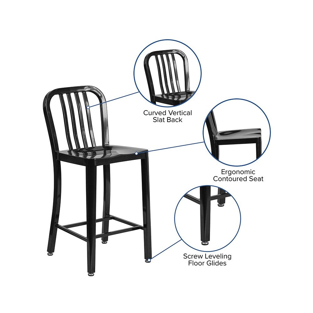 Commercial Grade 24" High Black Metal Indoor-Outdoor Counter Height Stool with Vertical Slat Back