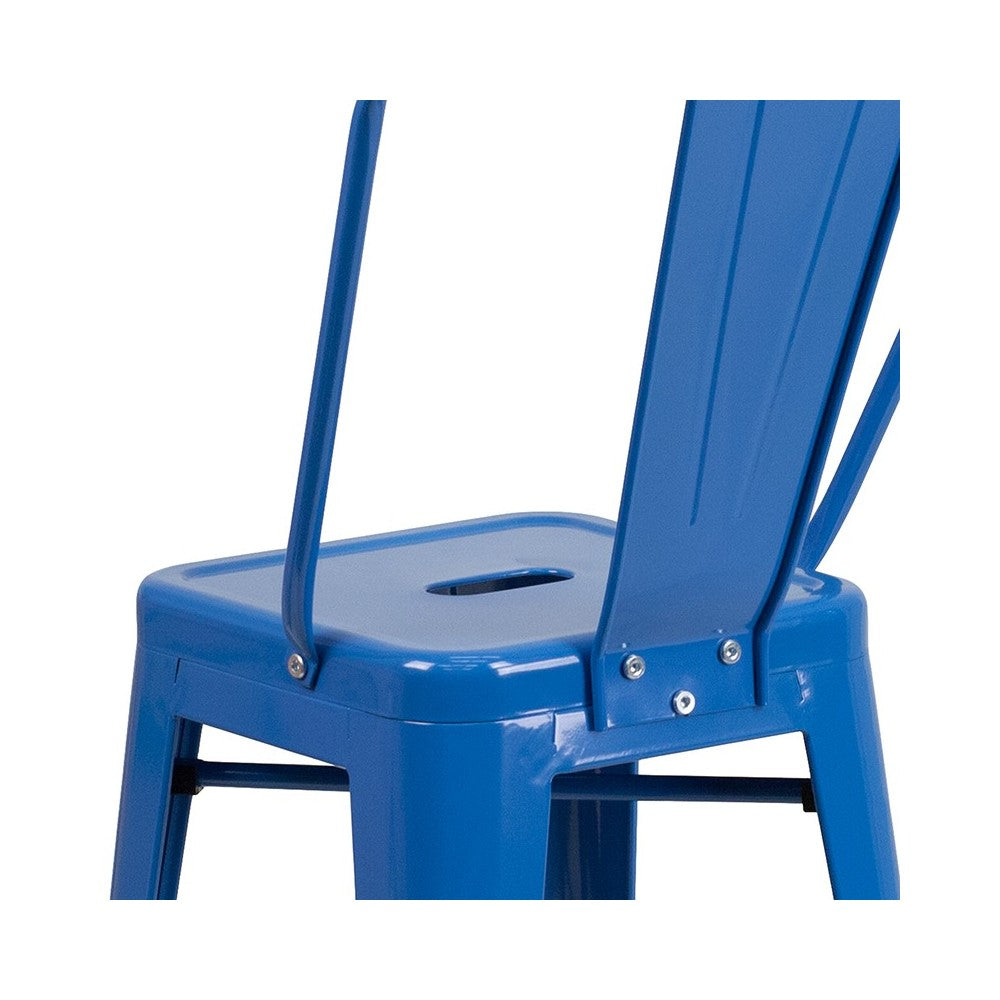 Commercial Grade 24" High Blue Metal Indoor-Outdoor Counter Height Stool with Removable Back