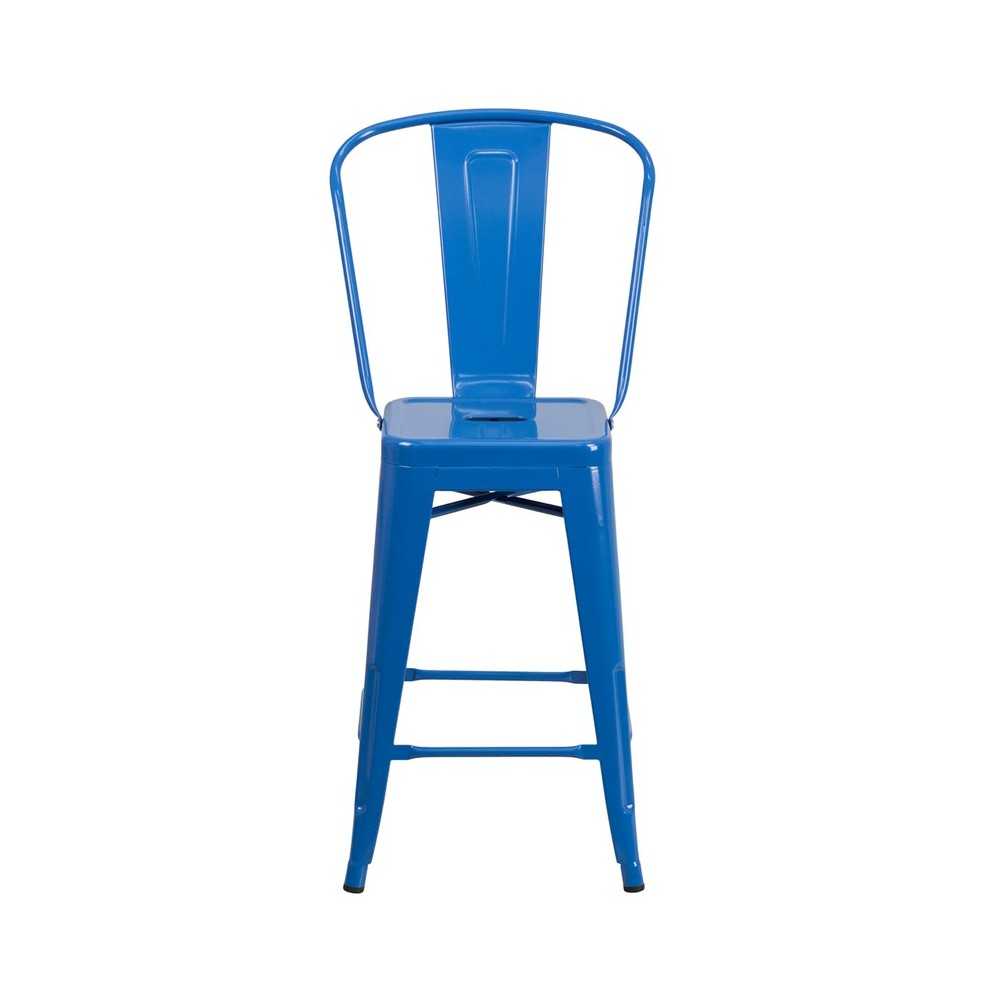 Commercial Grade 24" High Blue Metal Indoor-Outdoor Counter Height Stool with Removable Back