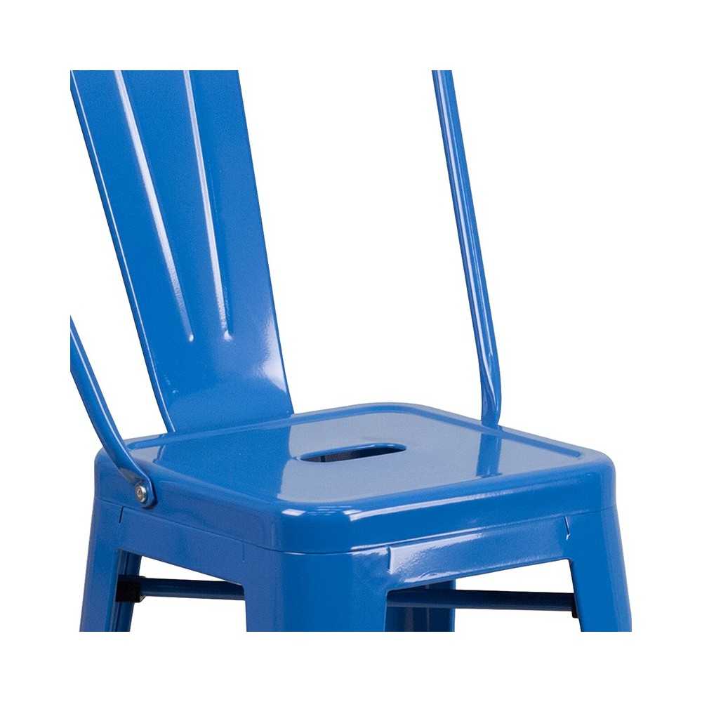 Commercial Grade 24" High Blue Metal Indoor-Outdoor Counter Height Stool with Removable Back