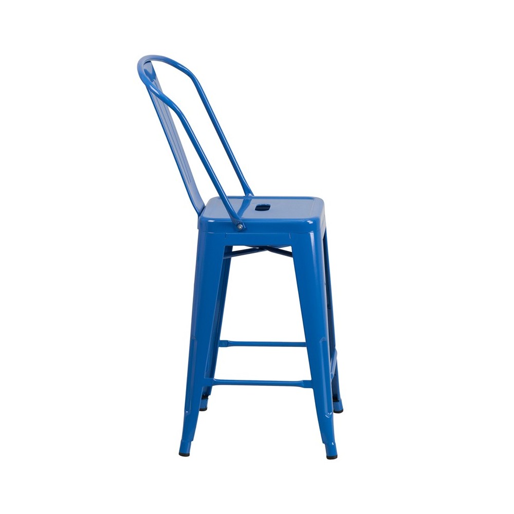 Commercial Grade 24" High Blue Metal Indoor-Outdoor Counter Height Stool with Removable Back
