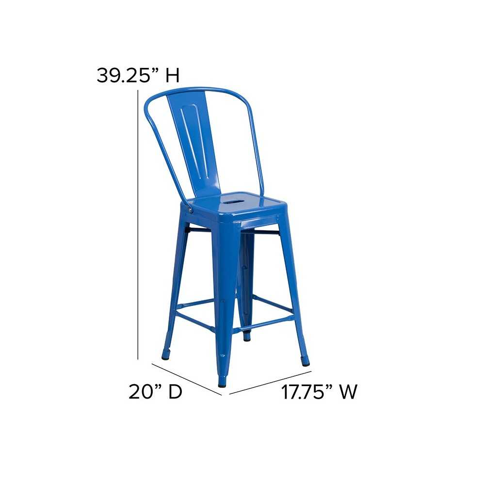 Commercial Grade 24" High Blue Metal Indoor-Outdoor Counter Height Stool with Removable Back