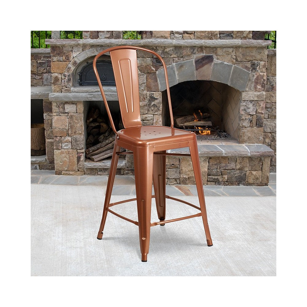 Commercial Grade 24" High Copper Metal Indoor-Outdoor Counter Height Stool with Back