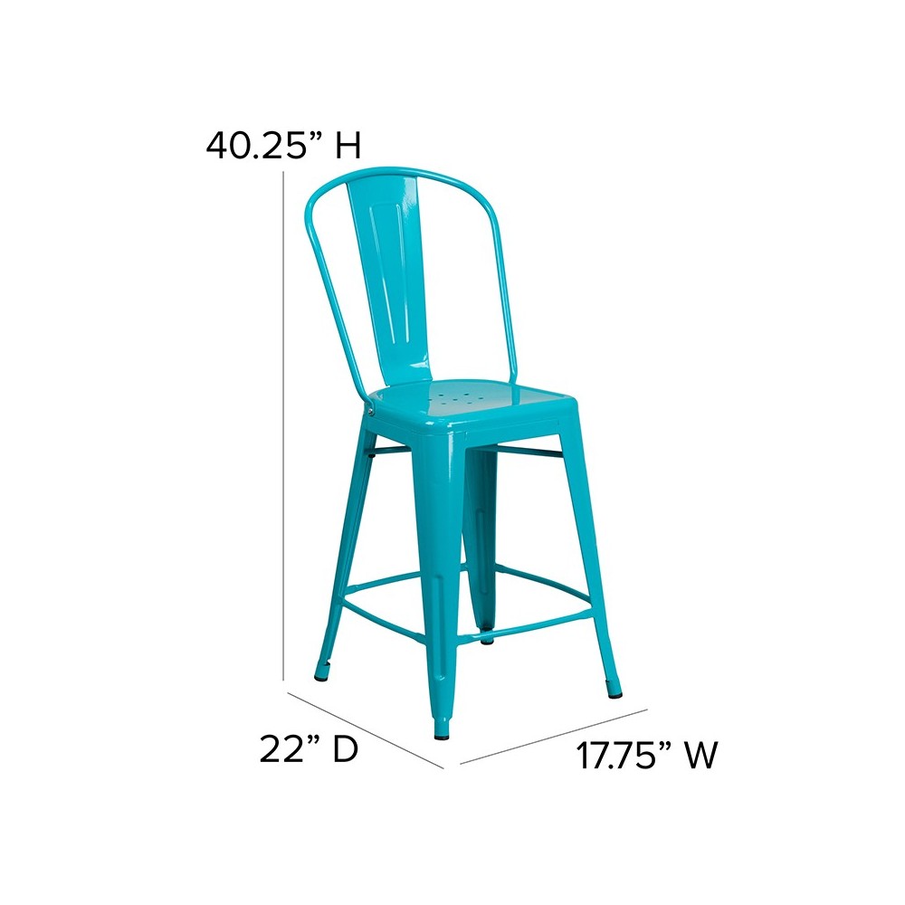 Commercial Grade 24" High Crystal Teal-Blue Metal Indoor-Outdoor Counter Height Stool with Back