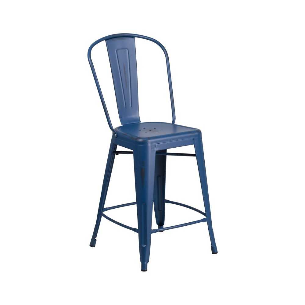 Commercial Grade 24" High Distressed Antique Blue Metal Indoor-Outdoor Counter Height Stool with Back