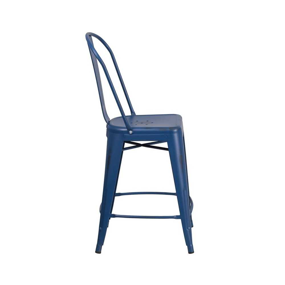 Commercial Grade 24" High Distressed Antique Blue Metal Indoor-Outdoor Counter Height Stool with Back