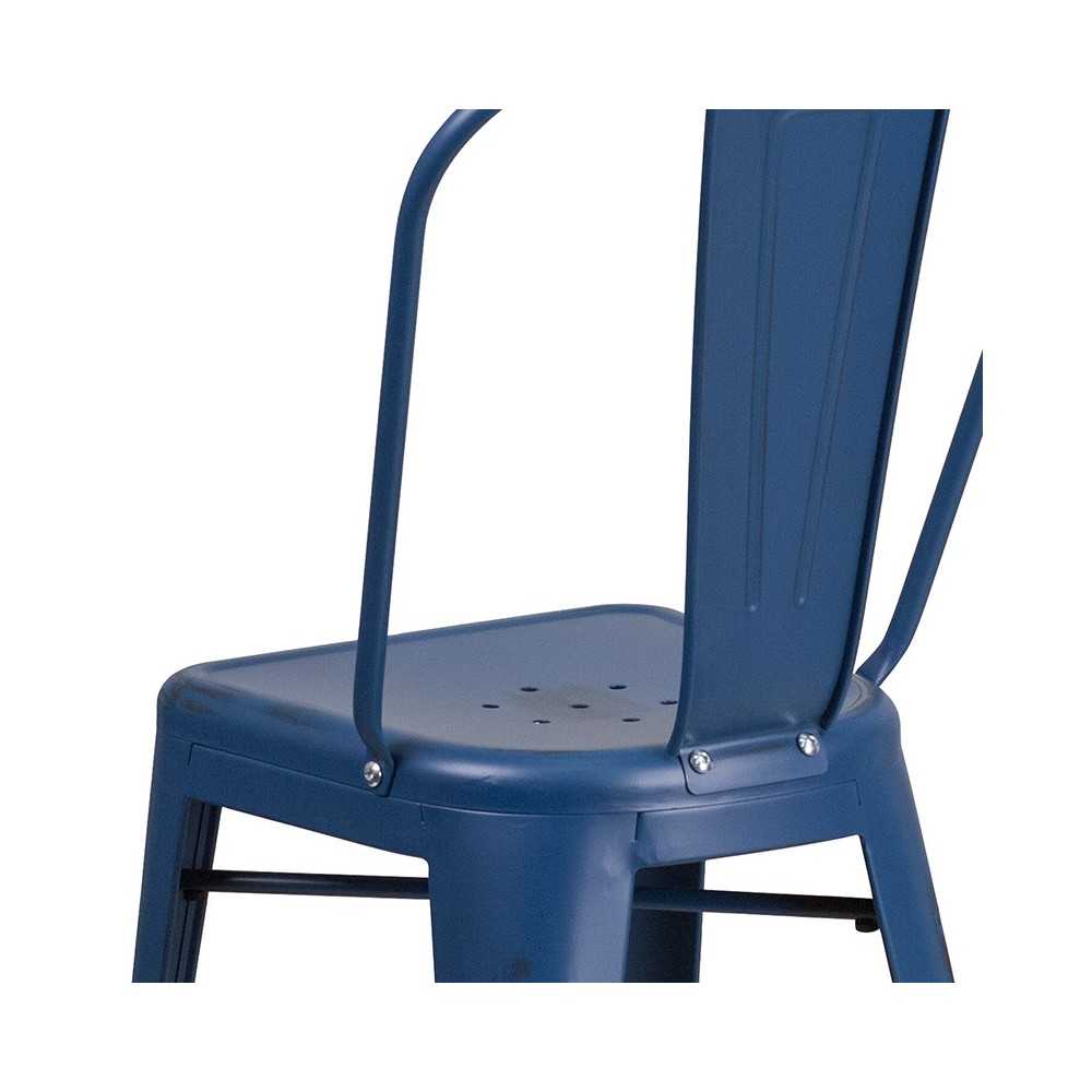 Commercial Grade 24" High Distressed Antique Blue Metal Indoor-Outdoor Counter Height Stool with Back