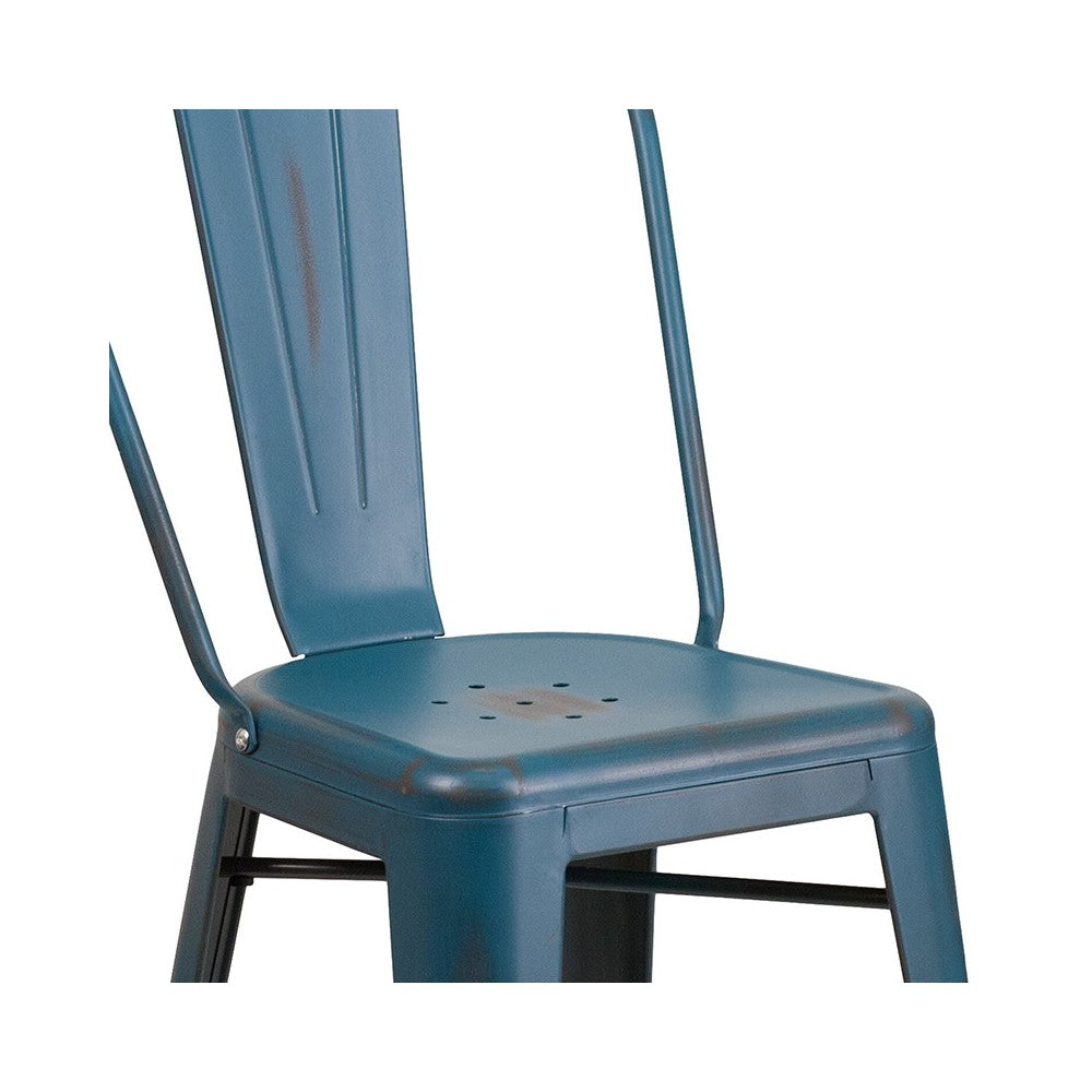 Commercial Grade 24" High Distressed Antique Blue Metal Indoor-Outdoor Counter Height Stool with Back