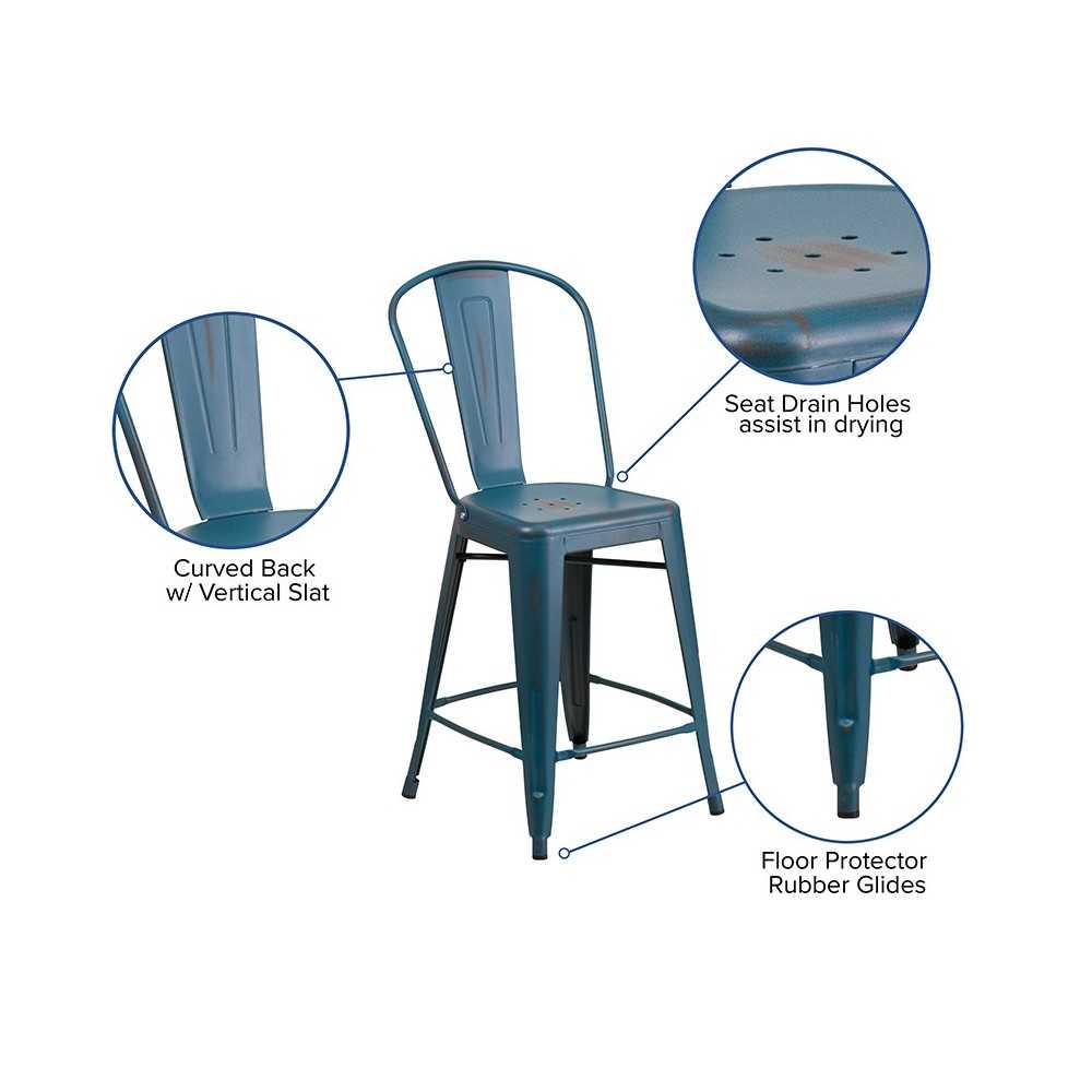 Commercial Grade 24" High Distressed Antique Blue Metal Indoor-Outdoor Counter Height Stool with Back