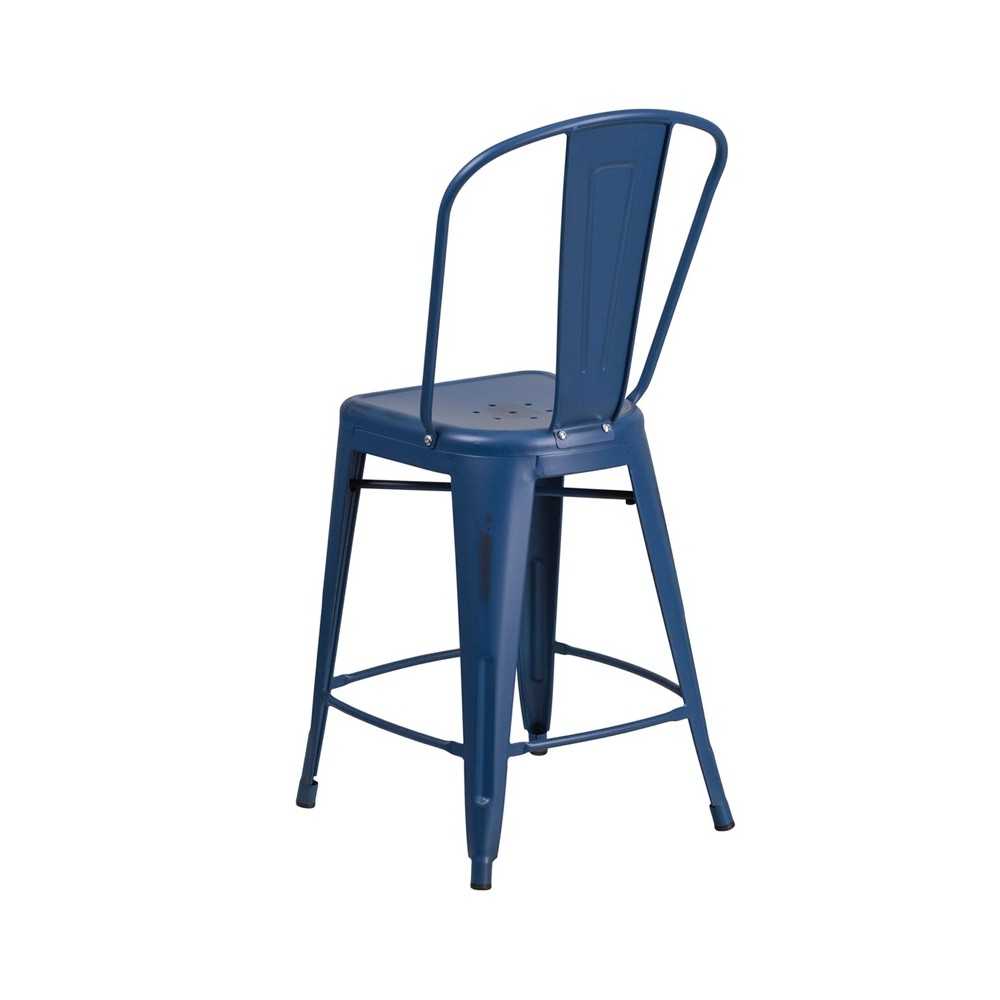 Commercial Grade 24" High Distressed Antique Blue Metal Indoor-Outdoor Counter Height Stool with Back