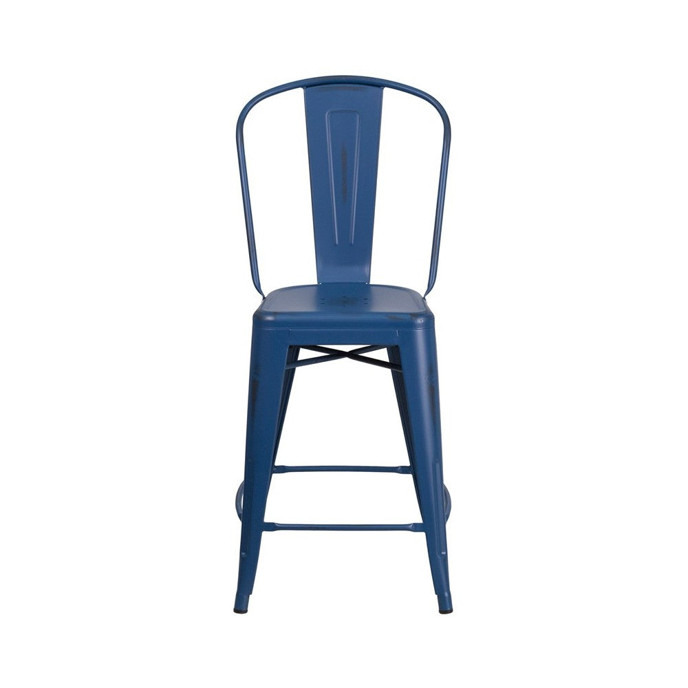 Commercial Grade 24" High Distressed Antique Blue Metal Indoor-Outdoor Counter Height Stool with Back